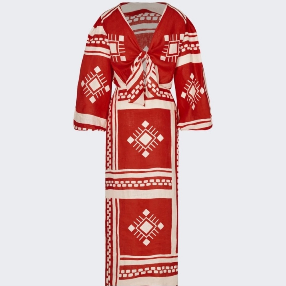 Caroline Constas Sun Goddess Cut Out Maxi Printed linen Dress in Red and… - Picture 3 of 9